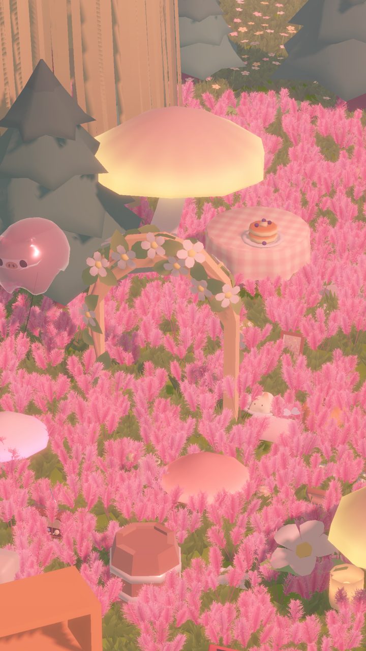 A cozy island full of pink grass, mushrooms and little decorations